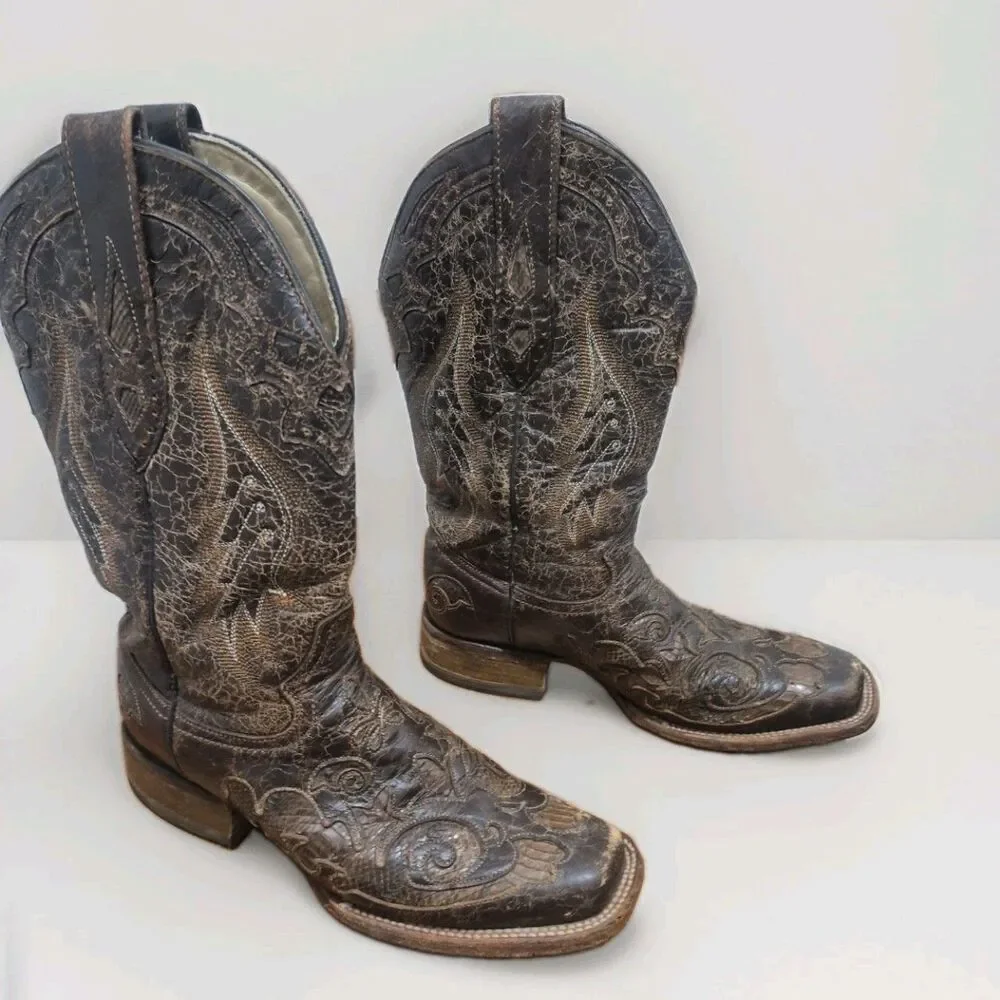 Corral  Chocolate Snake Inlay Brown Square Toe Boot Model A2404 Woman’s 7.5M